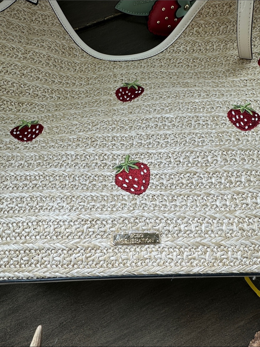 BCBGeneration Straw Tote with Red Strawberry Appliqués and Cream Trim - Picture 12 of 15